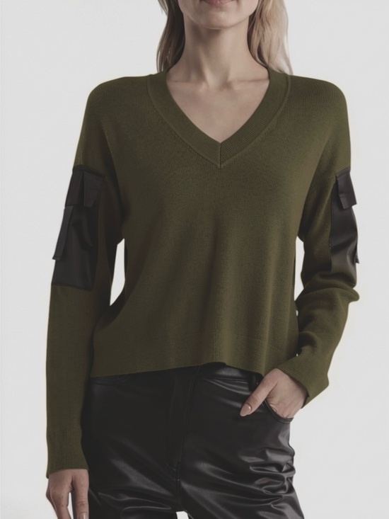 Parker Sweaters - Parker Cargo Sleeve V Neck Sweater Deep Olive Khaki  Large Utility Military